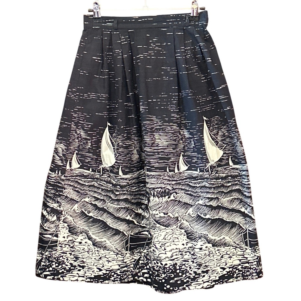 Vintage JCPenney Fashions Midi Skirt Nautical Coastal Sailboat Woodcut Print